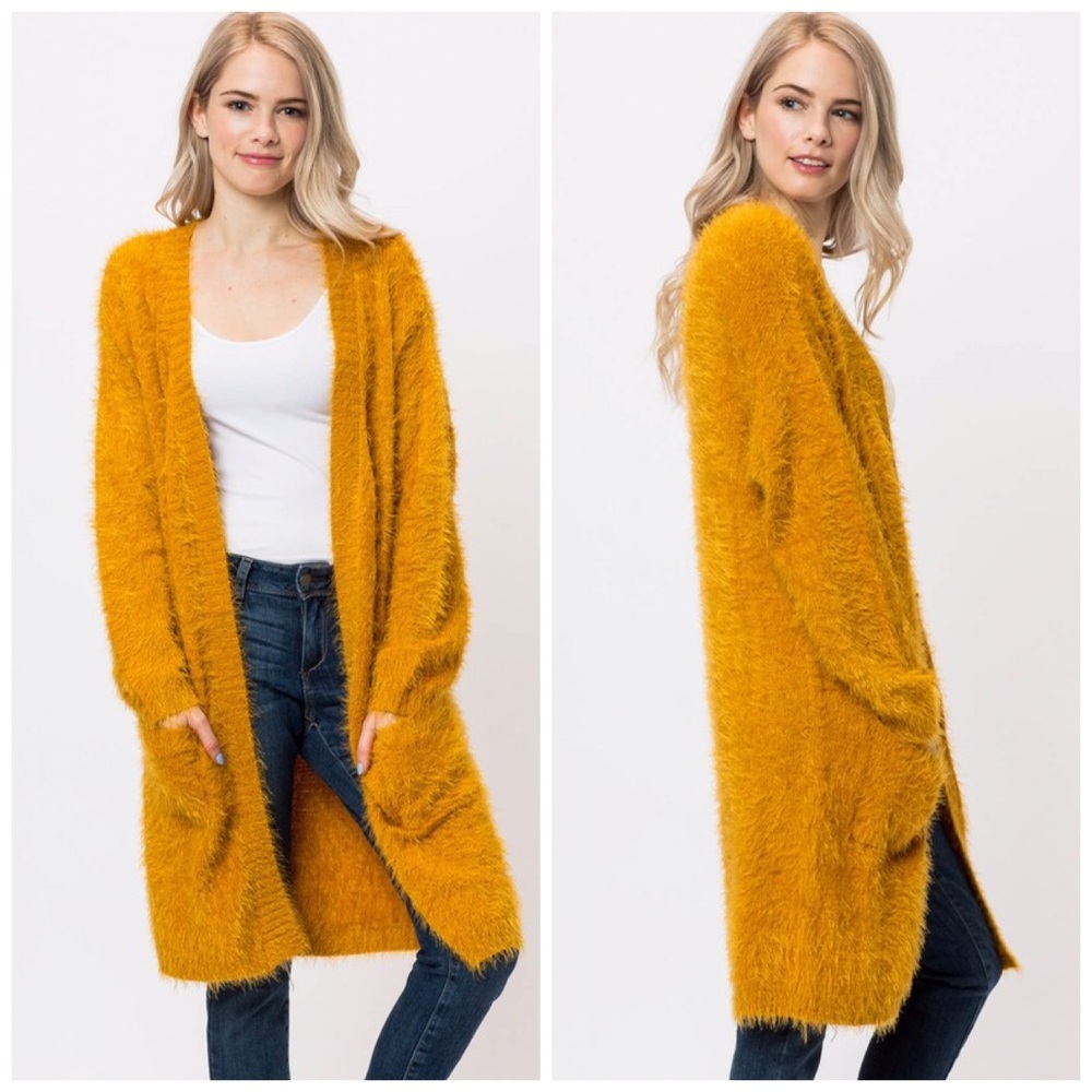Fuzzy Long Line Pocket Cardigan